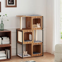 Modern Cat Tree Cat House with Metal Frame and Scratching Posts-Natural-1