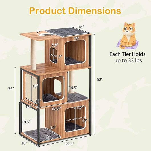 Modern Cat Tree Cat House with Metal Frame and Scratching Posts-Natural-3