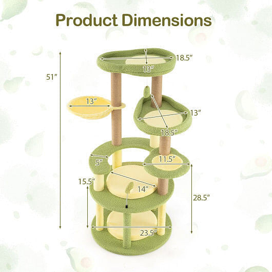 Multi-level Cat Tree Avocado Theme Cat Tower with Wide Perch Rotatable Basket-Green-3