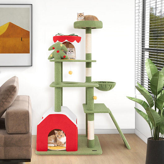 61 Inches Cute Christmas Cat Tree with Sisal Scratching Posts and 2 Condos-Green-3