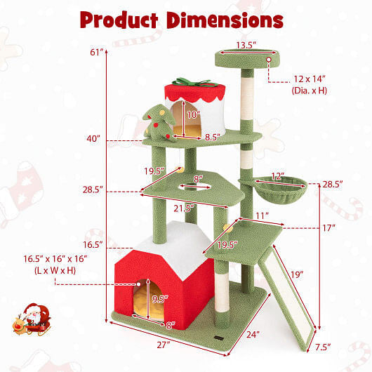 61 Inches Cute Christmas Cat Tree with Sisal Scratching Posts and 2 Condos-Green-2