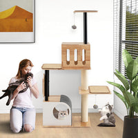 Modern Tall Cat Tower with Double Condos with Dangling Balls and Sisal Carpets-Natural-1