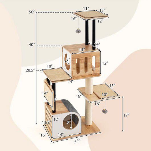 Modern Tall Cat Tower with Double Condos with Dangling Balls and Sisal Carpets-Natural-2