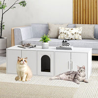 Cat Litter Box Enclosure for 2 Cats with Double Rooms and Sisal Scratching Mat-White-0