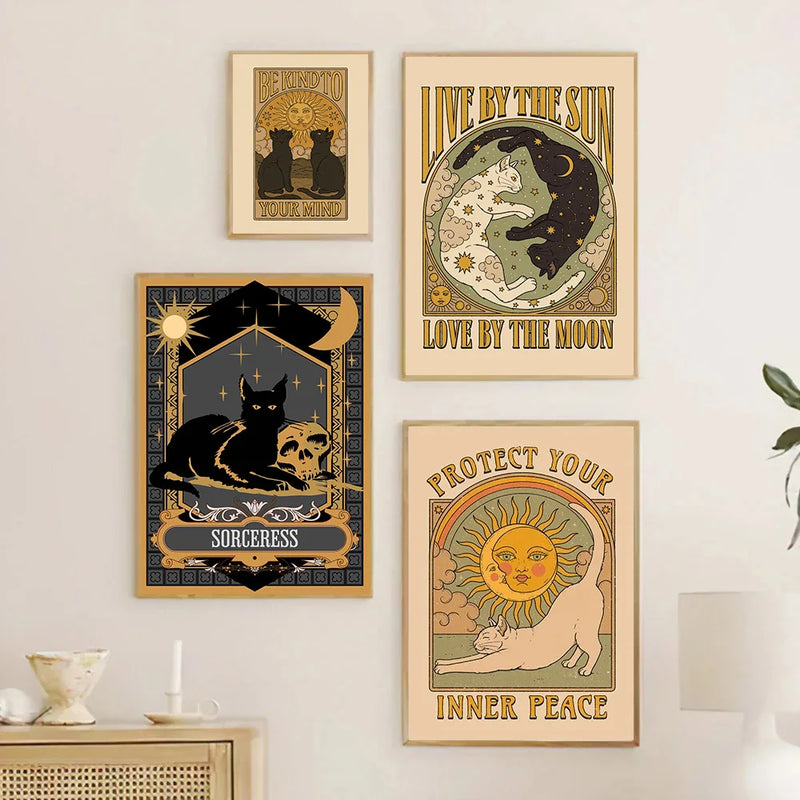 Abstract Cat Vintage Tarot the Lovers Sun Moon Wall Art Pictures