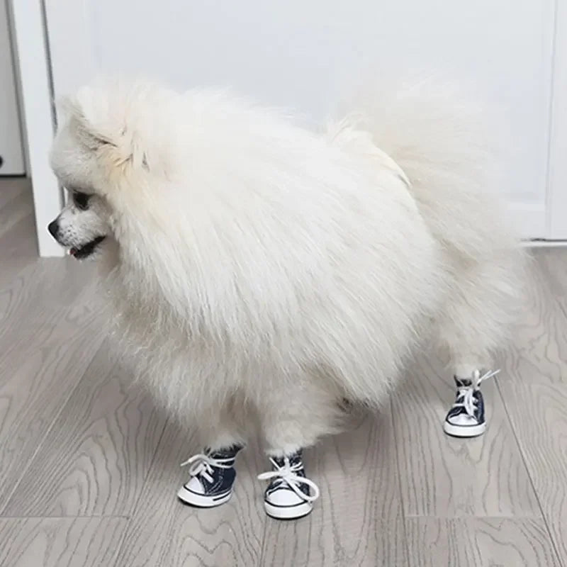 Denim Canvas Dog Sneakers - 4-Piece Waterproof Anti-Slip Booties Set