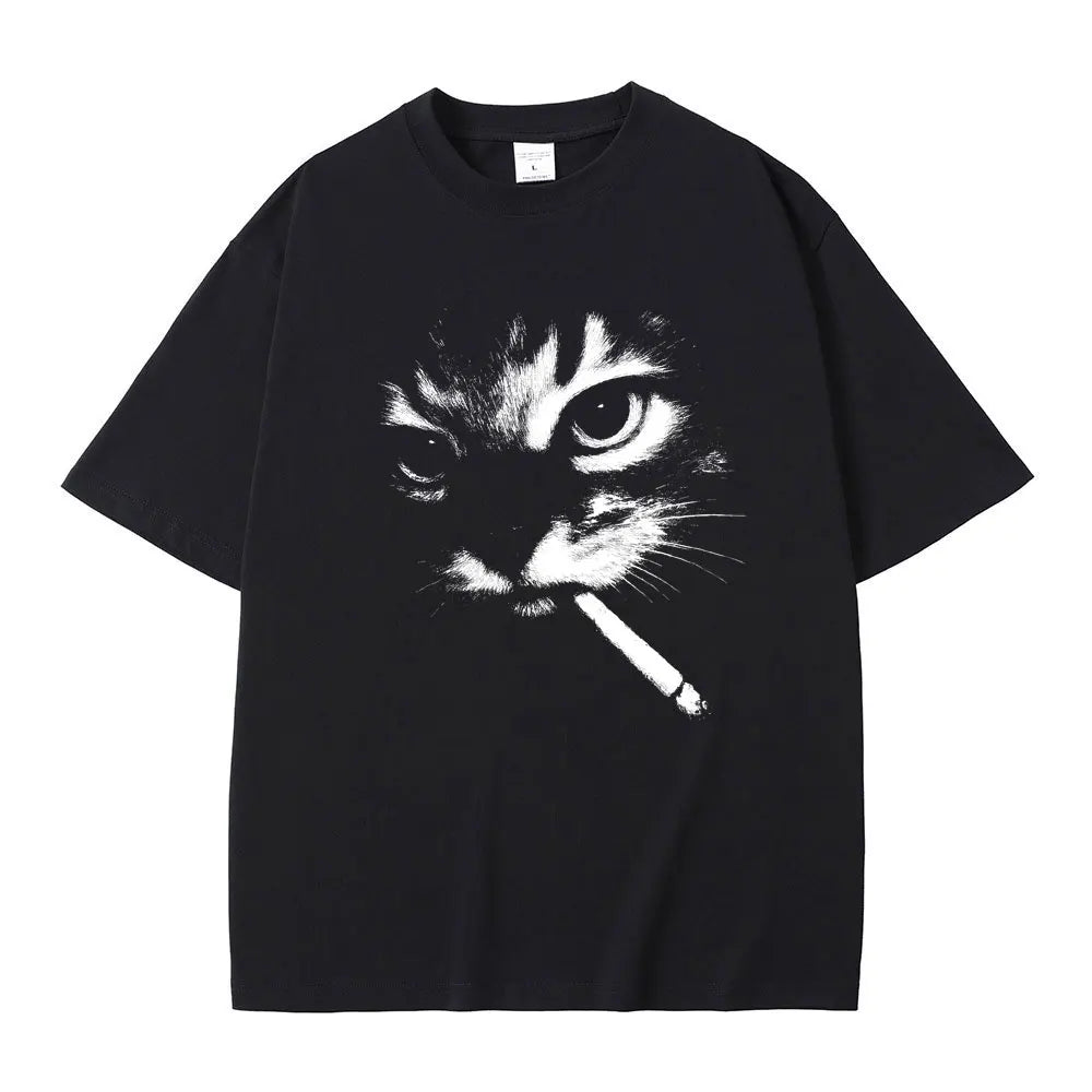 Funny Meme Smoking Cat Face Graphic T-Shirt - Vintage Cotton Oversized Tee