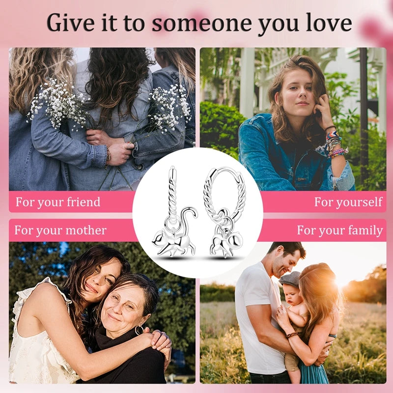 Sterling Silver Cat Hoop Earrings - Zircon Stone Party & Wedding Jewelry