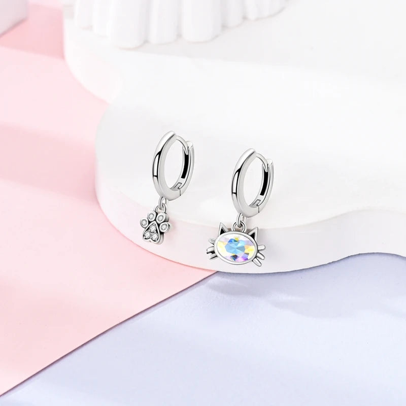 Sterling Silver Cat Hoop Earrings - Zircon Stone Party & Wedding Jewelry