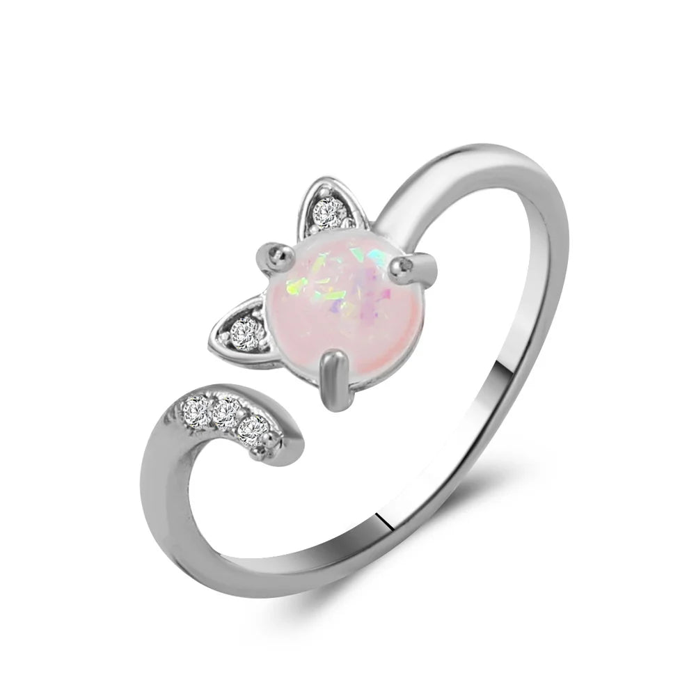 Cat Ear Paw Print Ring - Adjustable Pearl Hollow Heart Design