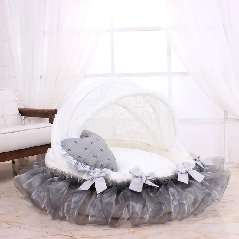 Luxury Round Pet Bed with Lace Trim - Washable Dog Bed