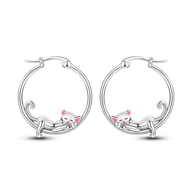 Sterling Silver Cat Hoop Earrings - Zircon Stone Party & Wedding Jewelry