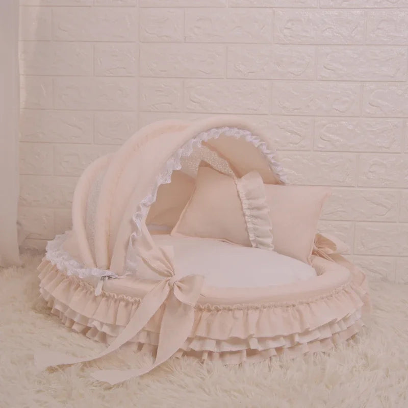 Luxury Round Pet Bed with Lace Trim - Washable Dog Bed