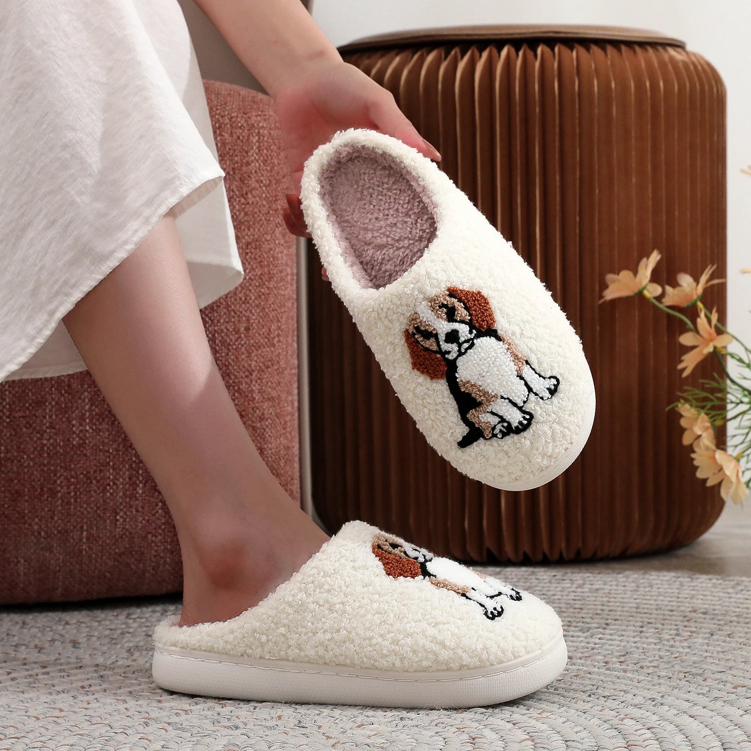 Border Collie Embroidered Plush Slippers