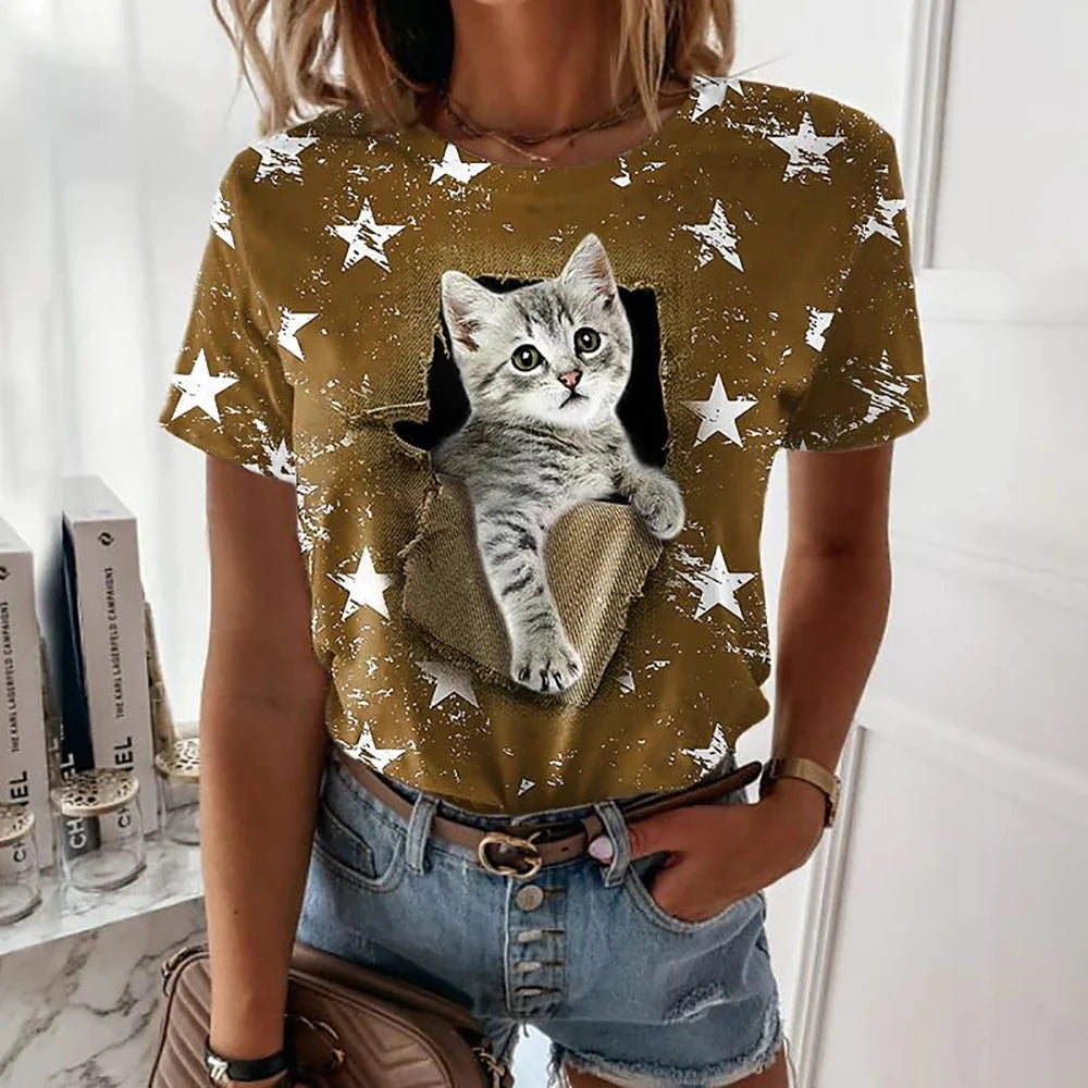 Anime Cat 3D Print Women's Tee - Summer Fashion O-Neck Top