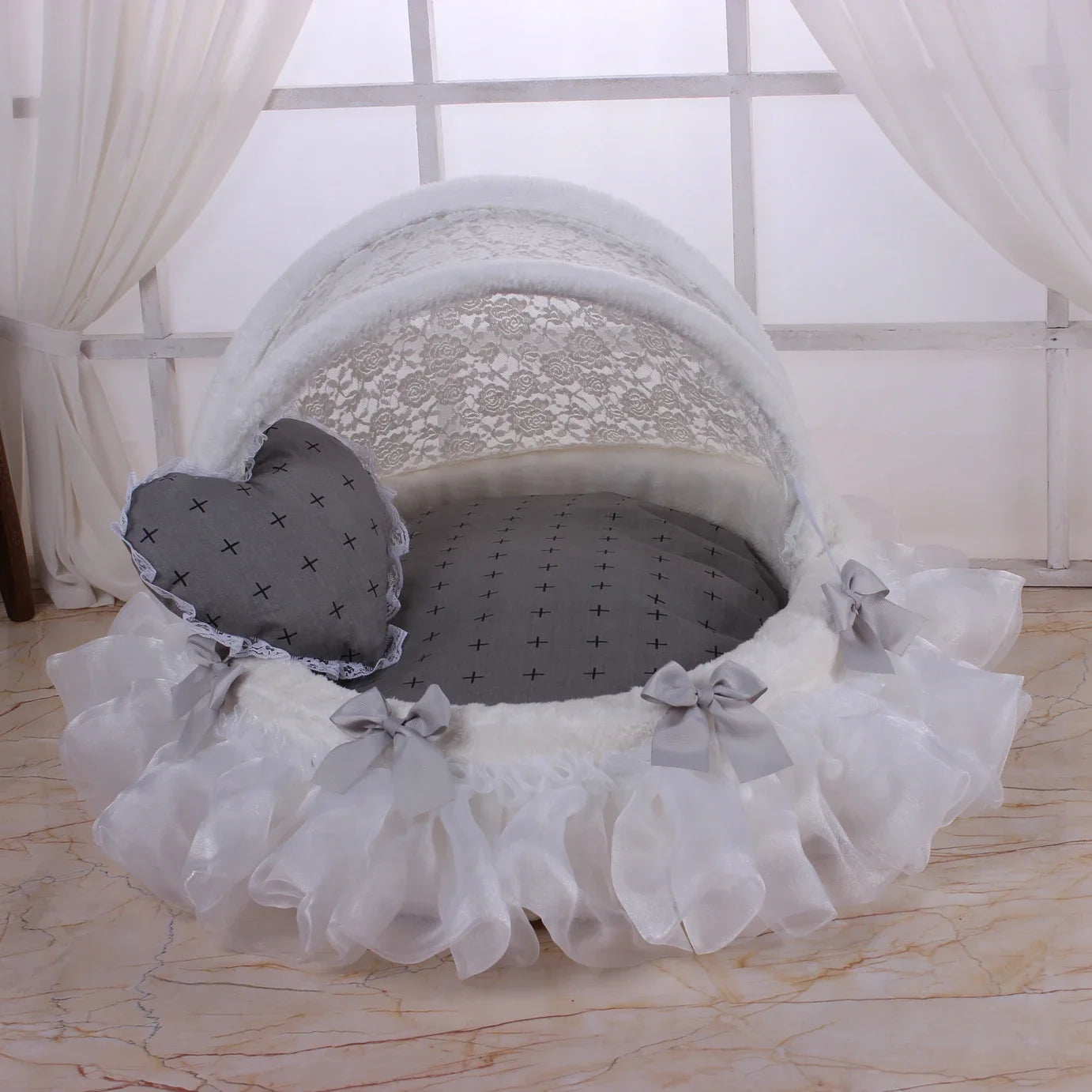 Luxury Round Pet Bed with Lace Trim - Washable Dog Bed