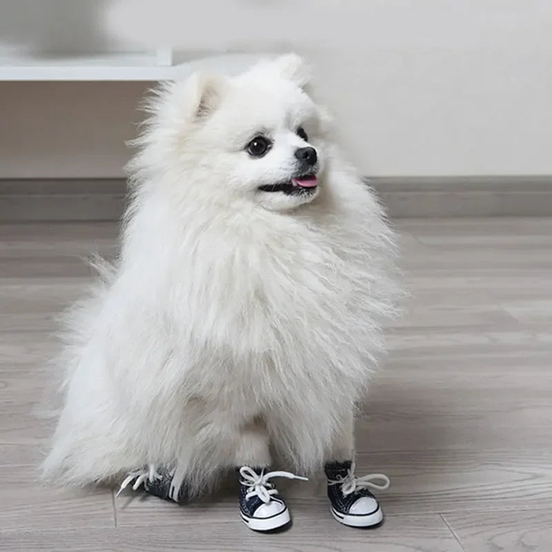Denim Canvas Dog Sneakers - 4-Piece Waterproof Anti-Slip Booties Set