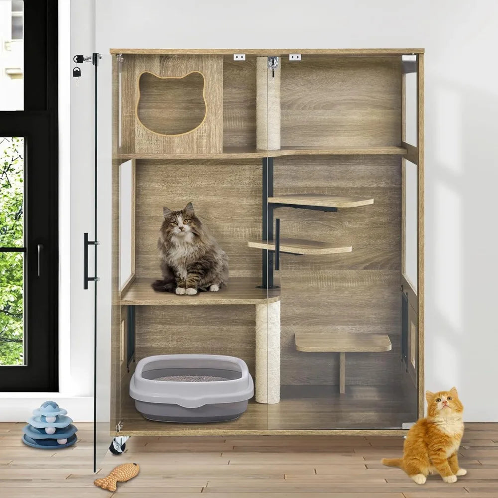 Wooden Cat House - Luxury Large Condo with Lockable Wheels & Escape Door