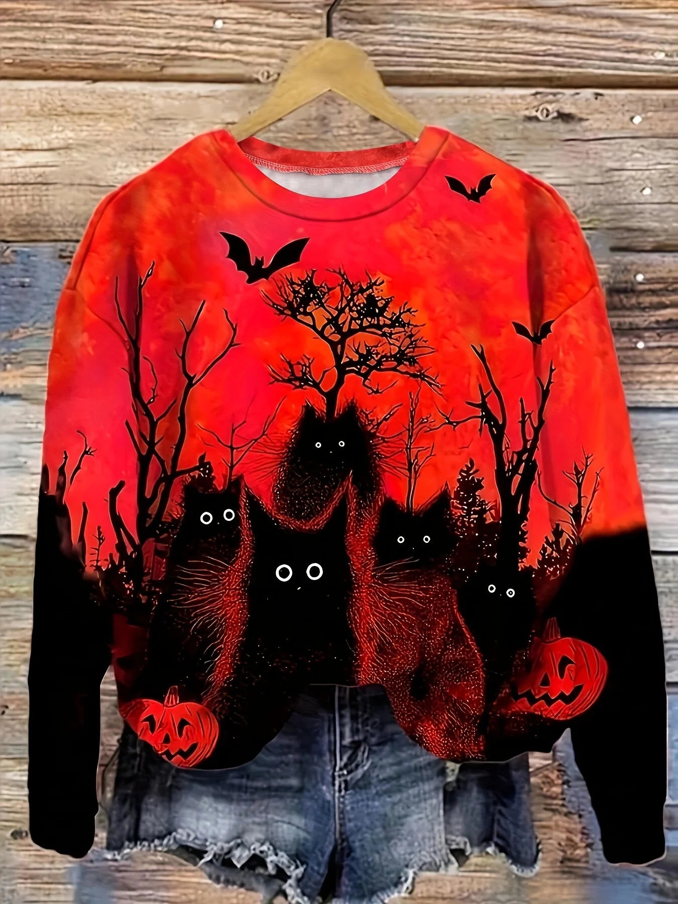 🖤 Women's Halloween Black Cat Long Sleeve T-Shirt - Mystical Gothic Streetwear