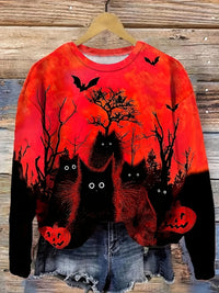 🖤 Women's Halloween Black Cat Long Sleeve T-Shirt - Mystical Gothic Streetwear