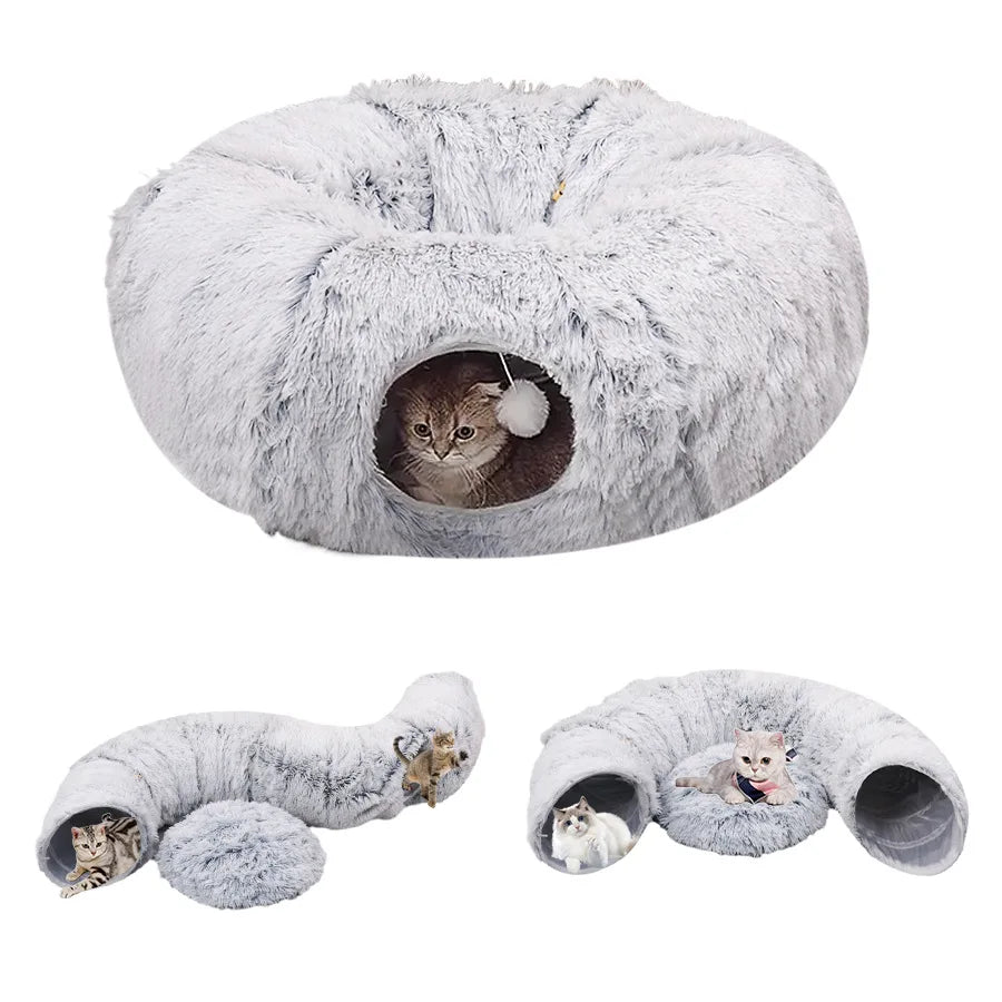 Winter Indoor Plush Cat Bed Tunnel - Play & Sleep Hide and Seek Integrated House