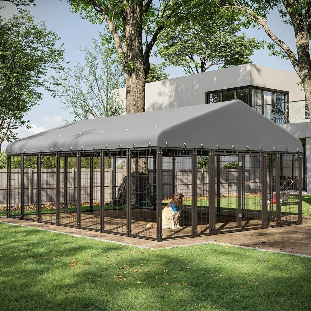 10x14ft Outdoor Dog Kennel - Spacious Double Door Run with Feeding Station