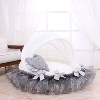 Luxury Round Pet Bed with Lace Trim - Washable Dog Bed