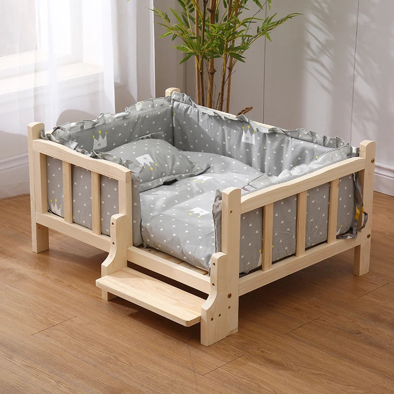Premium Solid Wood Pet Bed - All-Season Removable Cushion for Dogs & Cats
