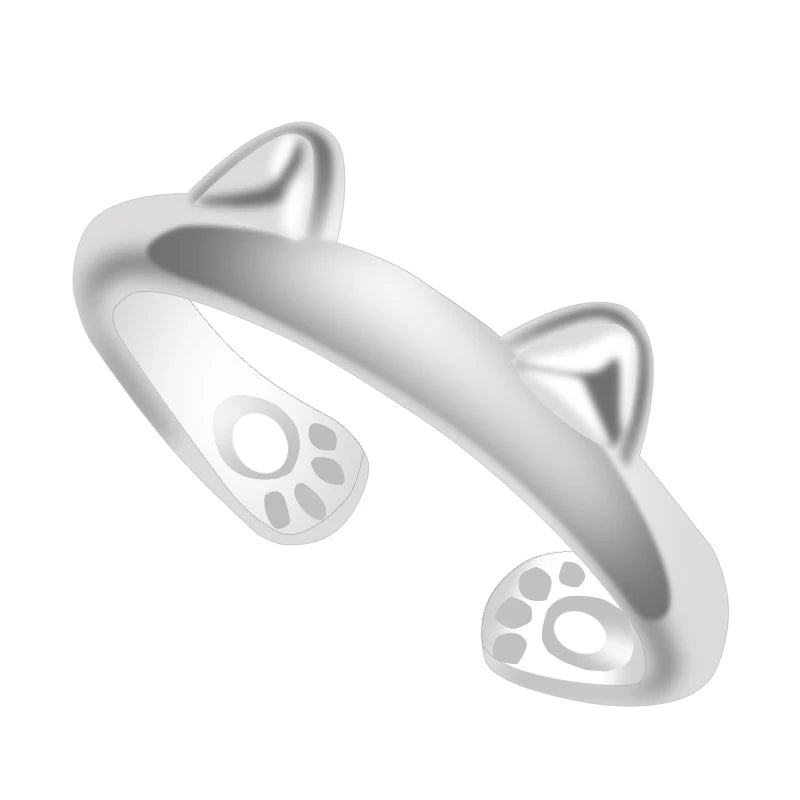 Cat Ear Paw Print Ring - Adjustable Pearl Hollow Heart Design
