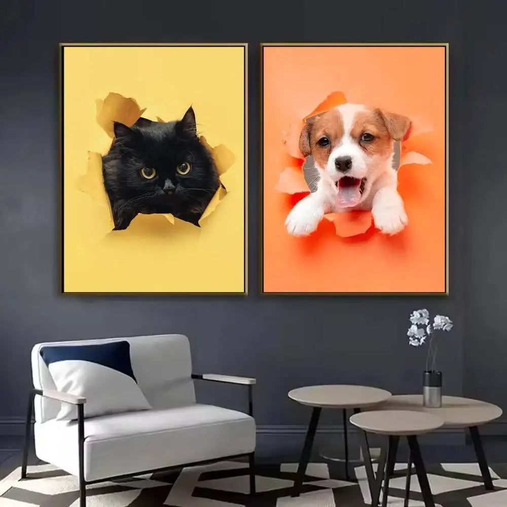 Cute Cats & Dogs Wall Art Poster - Waterproof