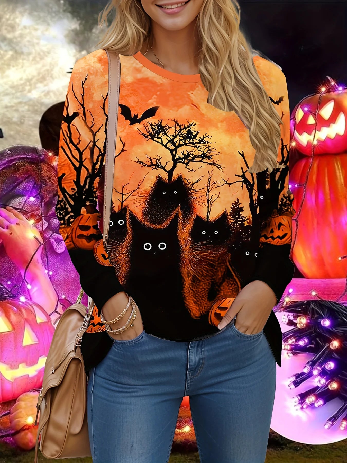 🖤 Women's Halloween Black Cat Long Sleeve T-Shirt - Mystical Gothic Streetwear