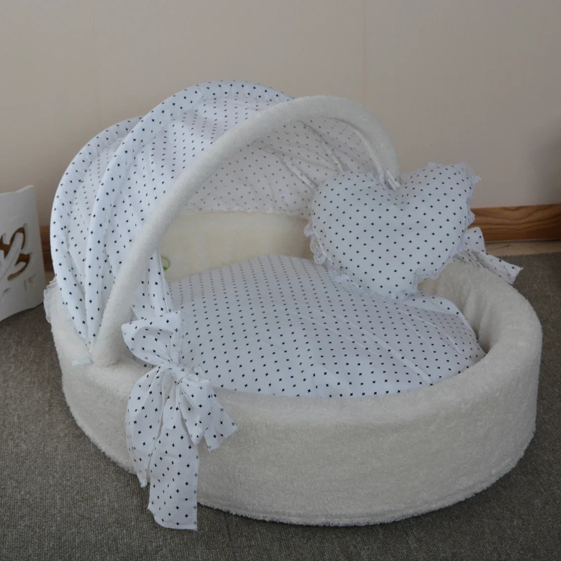 Luxury Round Pet Bed with Lace Trim - Washable Dog Bed