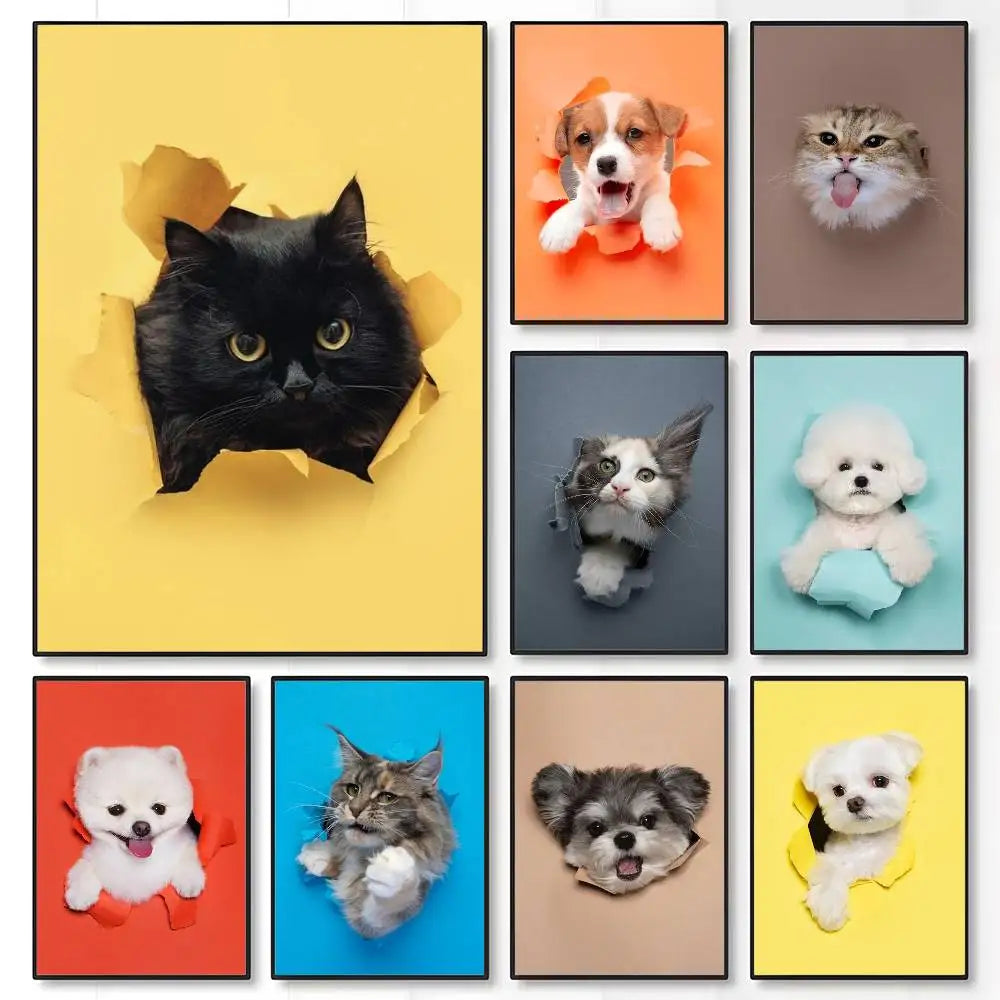 Cute Cats & Dogs Wall Art Poster - Waterproof