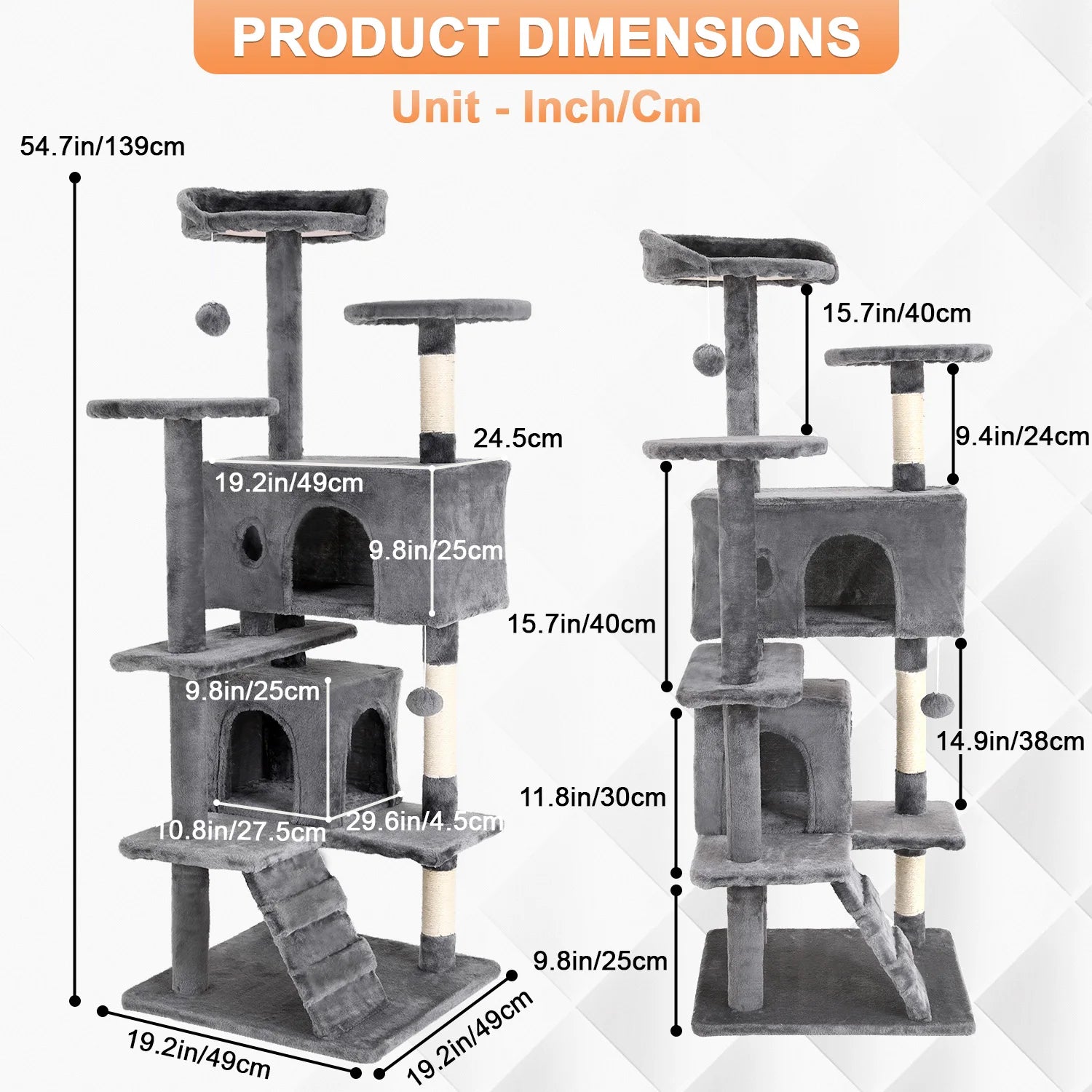 Cat Tree 54/70 Inch Cat Tower Cat Condo with Sisal-Covered Scratching Posts Dangling Ball for Cats to Play and Sleep by Tail chasers