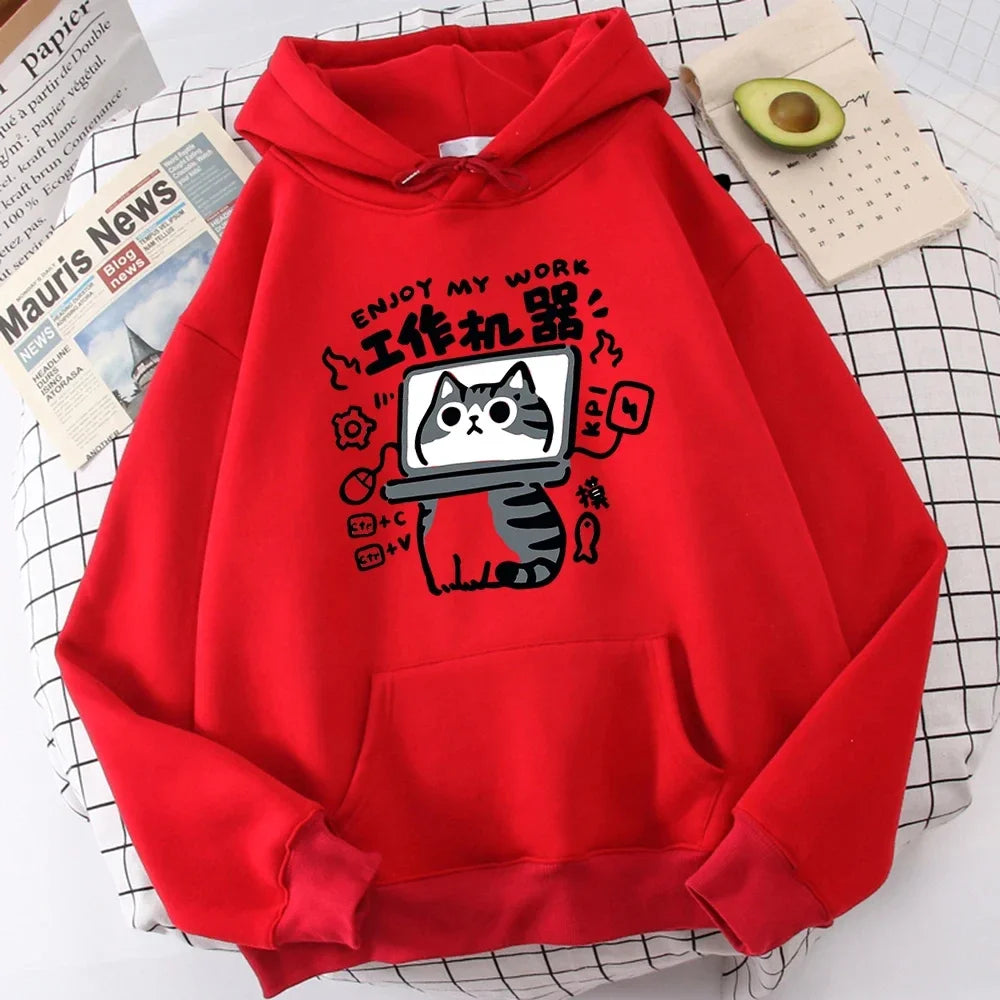 Abstract Cat Work Machine Sweatshirt - 2025 Cartoon Comfort Pullover