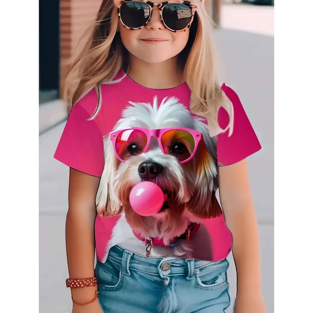 Girls' 3D Cute Dog Graphic T-Shirt - Summer Short Sleeve Crew Neck Tee
