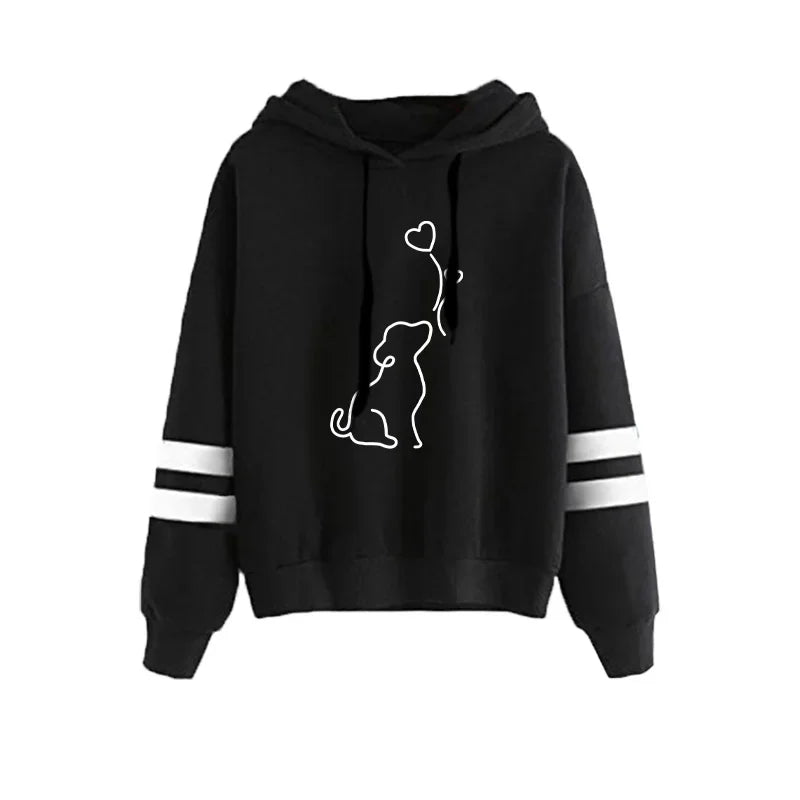 Women's Dog Print Stripe Hoodie - Casual Pullover