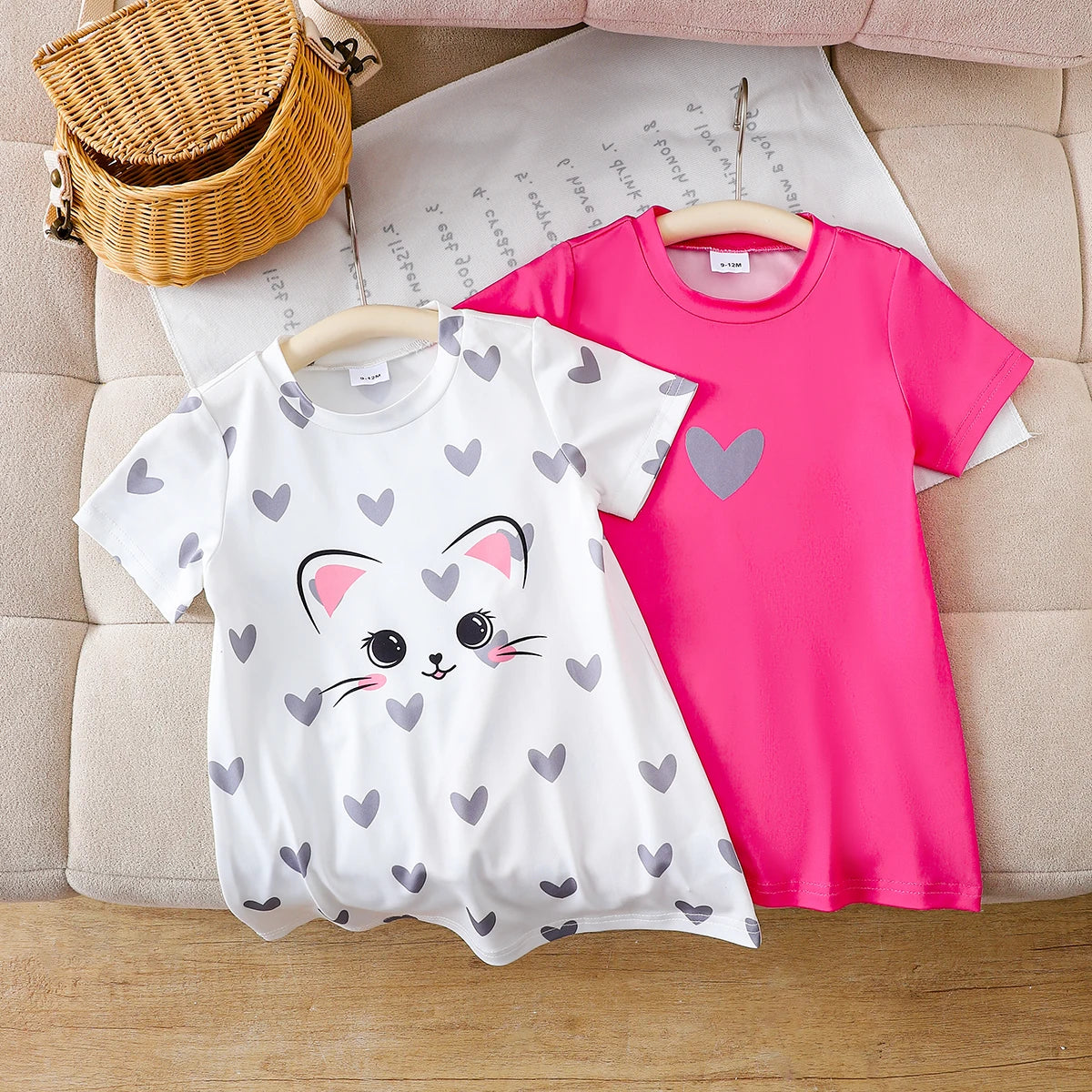 Girls Cat Heart T-Shirt Set - 2-Pack Cotton Tops