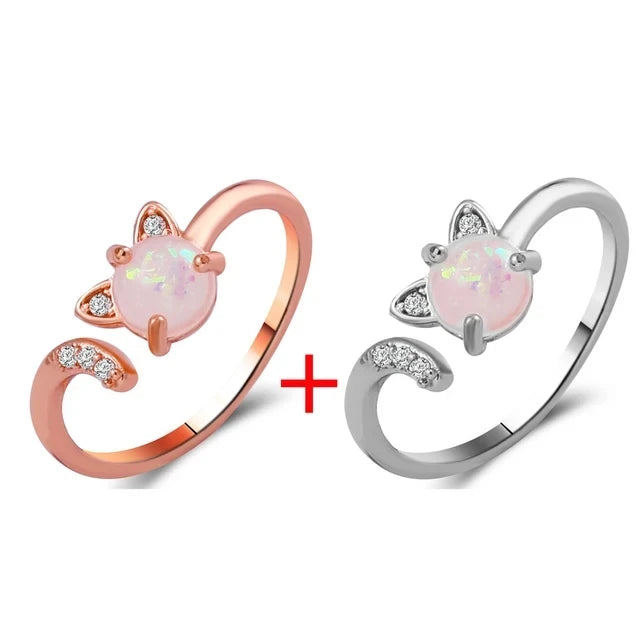Cat Ear Paw Print Ring - Adjustable Pearl Hollow Heart Design
