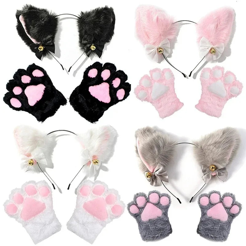 Cat Ear Cosplay Costume Set - Anime Headband & Claw Gloves with Bell