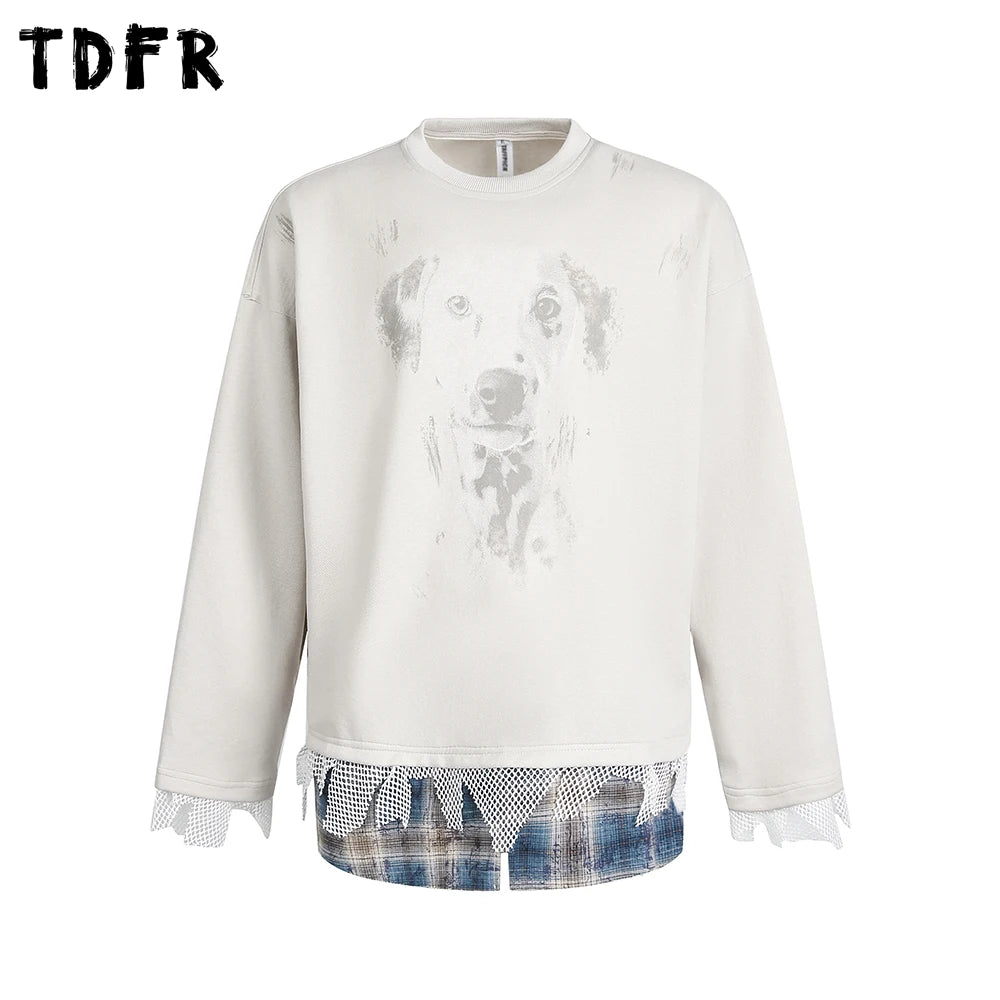 Dog Print Fake Two-Piece Men's Sweatshirt - Retro Patchwork Crew Neck