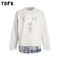 Dog Print Fake Two-Piece Men's Sweatshirt - Retro Patchwork Crew Neck