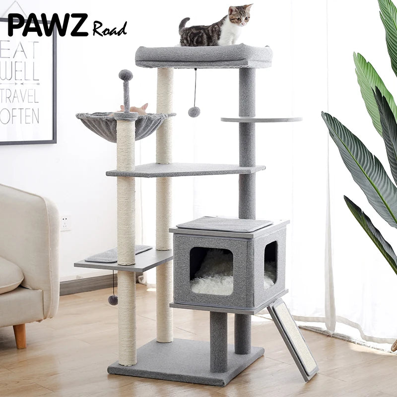 H130CM Luxury Modern Cat Tree Tower for Indoor Grey Wooden Large Top Perch Condo Durable Fully Wrapped Scratching Sisal Posts