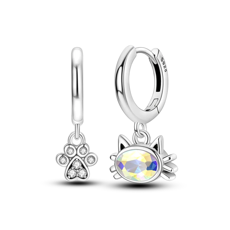 Sterling Silver Cat Hoop Earrings - Zircon Stone Party & Wedding Jewelry