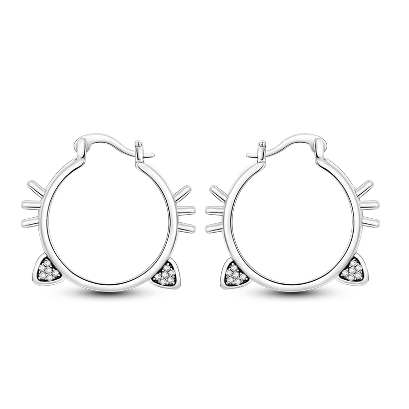 Sterling Silver Cat Hoop Earrings - Zircon Stone Party & Wedding Jewelry