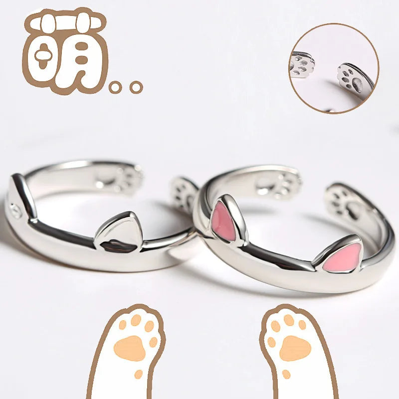 Cat Ear Paw Print Ring - Adjustable Pearl Hollow Heart Design