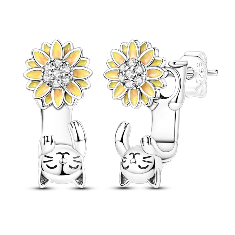 Sterling Silver Cat Hoop Earrings - Zircon Stone Party & Wedding Jewelry