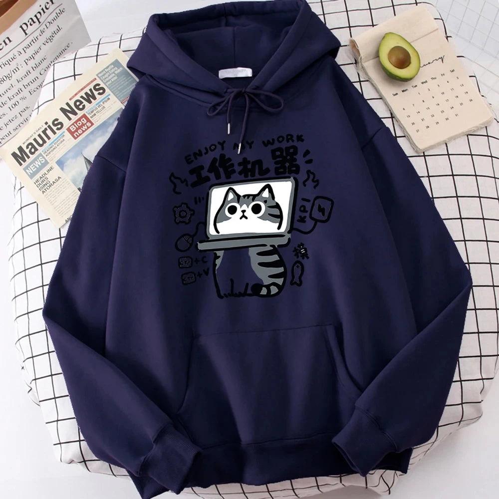 Abstract Cat Work Machine Sweatshirt - 2025 Cartoon Comfort Pullover