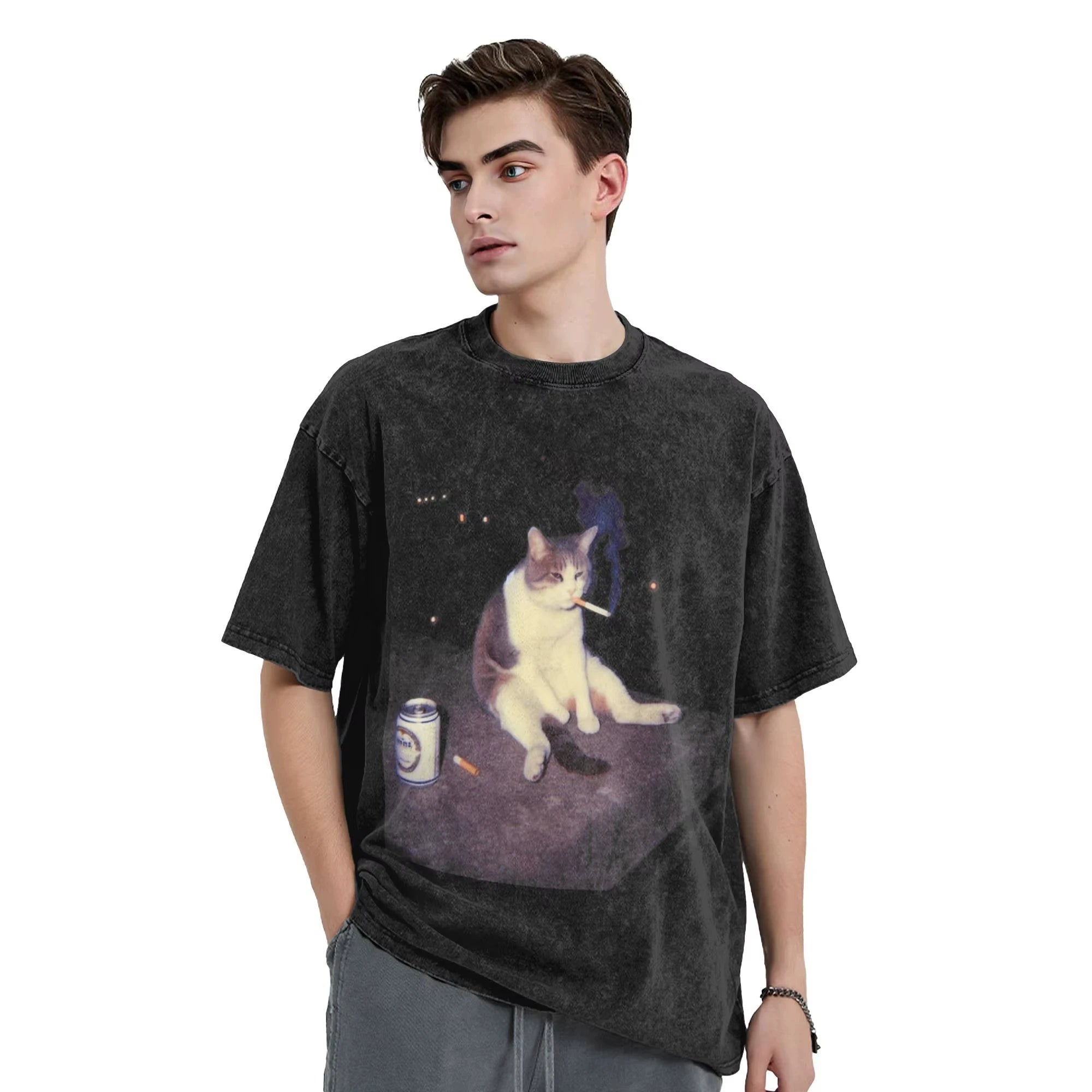 Cigarette Kitten Smoking Cat Meme T-Shirt - Oversized Hip Hop Streetwear