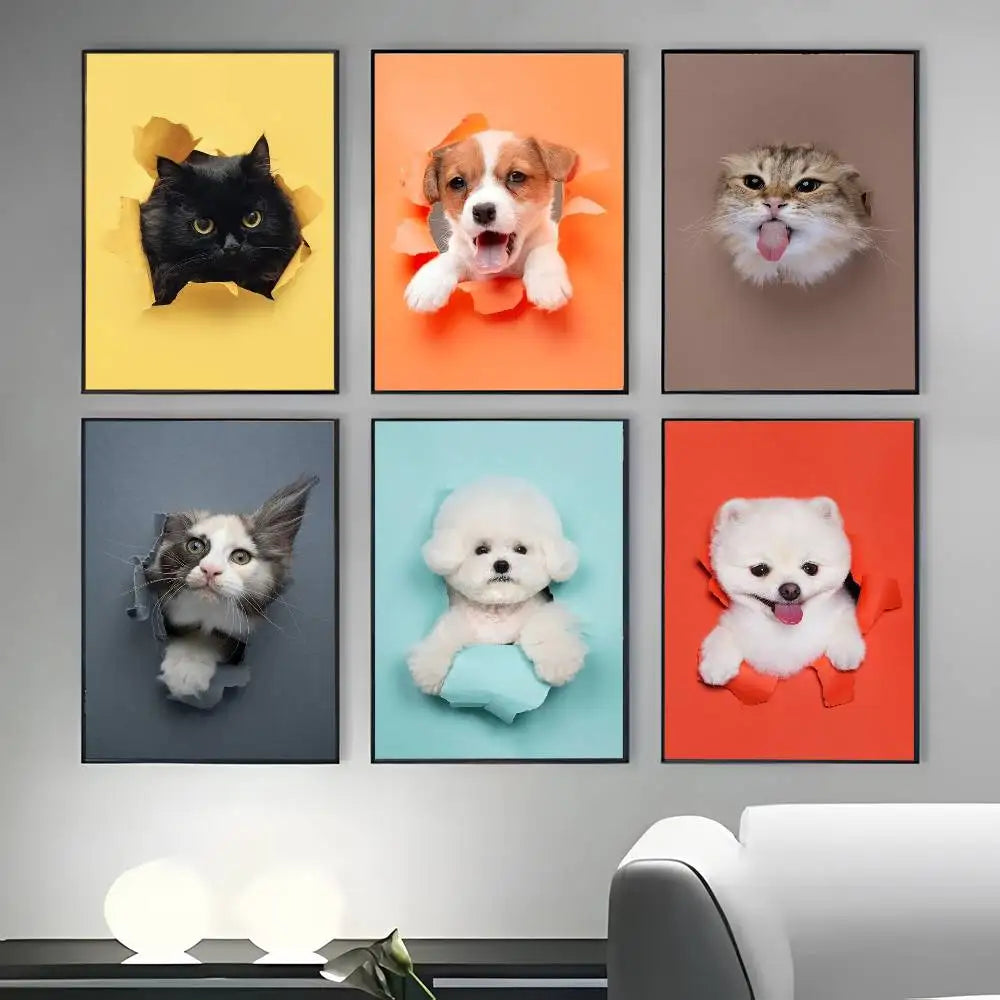 Cute Cats & Dogs Wall Art Poster - Waterproof